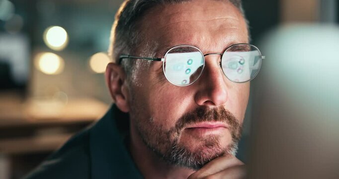 Man thinking, night and computer reflection in glasses, chief financial officer and online for stats. Budget, review and digital graphs for expenses report in workplace, investment feedback and ideas