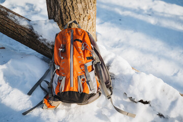 An orange backpack is resting carefully against a tall, sturdy tree in the midst of a vast, snowy...