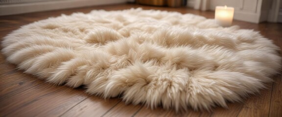 A plush fur rug on hardwood floor creates a cozy retreat, soothing colors, calm atmosphere, warm and inviting space