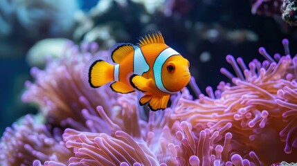 Vibrant Clownfish Swimming Among Colorful Coral in Underwater Environment, Showcasing Marine Life and Nature's Beauty