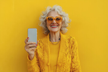 Woman in yellow sweater and sunglasses holding a smartphone outdoor in bright natural light
