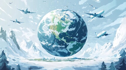 Earth surrounded by planes, snowy mountains, use in educational materials