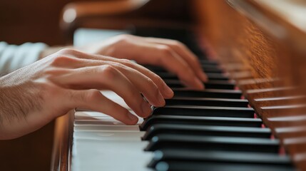 Fototapeta premium A music student playing a grand piano in a concert hall, preparing for a recital