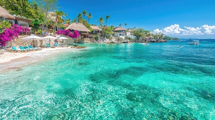 Fototapeta premium Tropical beach resort, turquoise water, palm trees, sunny day, travel getaway