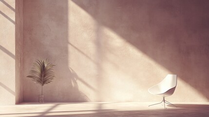 Minimalist Interior Design Featuring A Sleek Chair And Potted Plant In A Sunlit Room