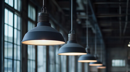 Obraz premium Row of pendant lights illuminating a spacious interior with large windows, casting a warm glow in a modern yet industrial-style setting.