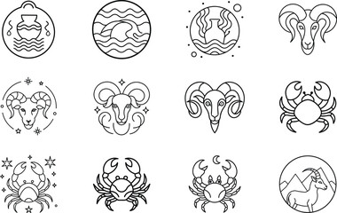 Zodiac Signs Aquarius, Aries, Cancer Astrological Symbols Line Art