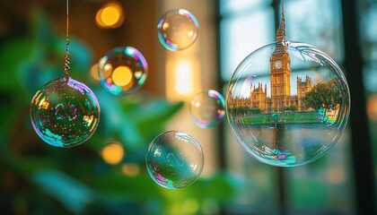 Soap bubbles with Big Ben reflection, London cityscape background, for travel or fantasy themes