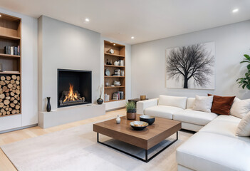 Modern Minimalist Living Room with Cozy Fireplace and Abstract Art