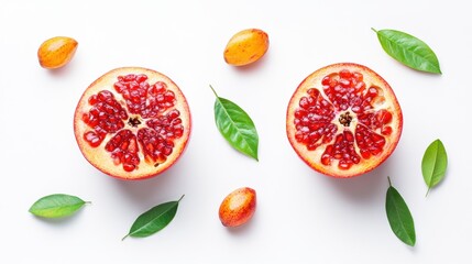 Sliced Pomegranate Halves Surrounded by Leaves and Fruits on a Bright White Background