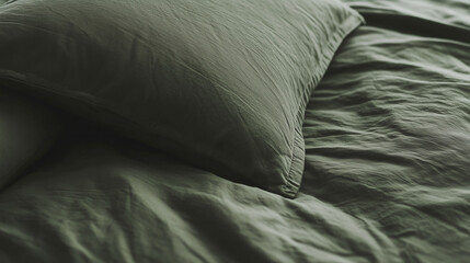 Subdued olive green bedding closeup in a natural hotel, featuring earthy tones and soft textures that create a relaxed and organic sleep environment.