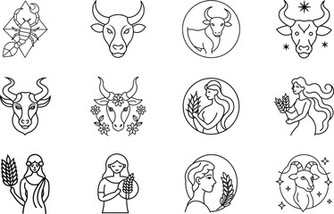 Taurus Zodiac Signs Line Art, Symbols, and Floral Designs