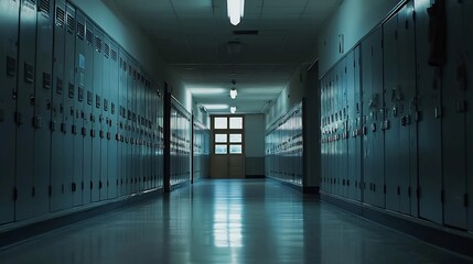 A dimly lit school hallway lined with metal lockers and a door at the end