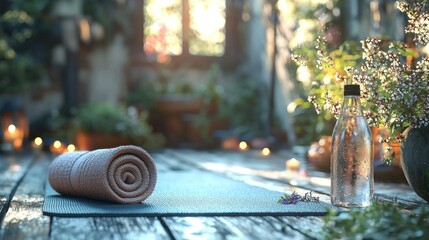Outdoor yoga mat, water bottle, sunset garden