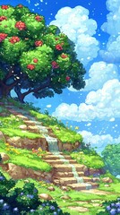 Obraz premium Lush hillside path with waterfall, sunny day, nature scene