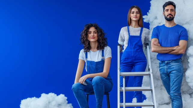 Three people posing in front of blue background with clouds, showcasing creativity and teamwork. scene conveys sense of collaboration and artistic expression