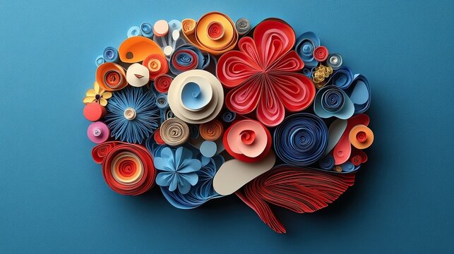 A brain-shaped collage of colorful paper flowers represents creativity, thought processes, and the connection between art and mind.