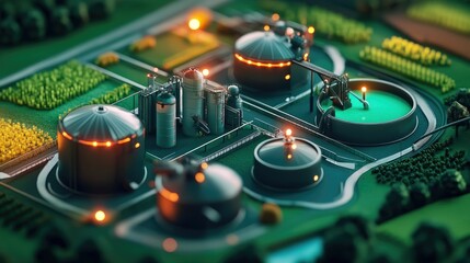 Industrial complex, green landscape, illuminated tanks.