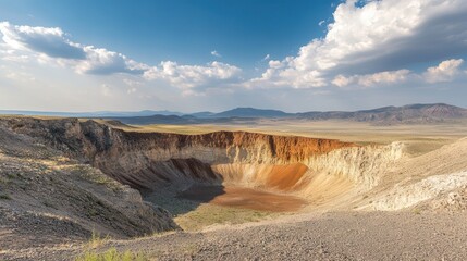 A vast desert landscape features a prominent crater, showcasing the stark contrast between the arid terrain and the geological formation.