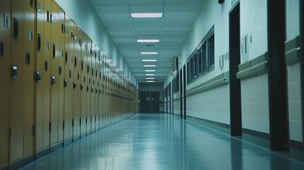 Long school hallway with lockers on one side, leading to a double door in the distance