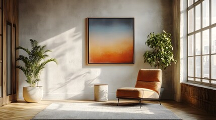 A cozy and inviting modern living room interior featuring a comfortable couch lush potted plant and a framed abstract landscape art piece depicting a warm sunset gradient