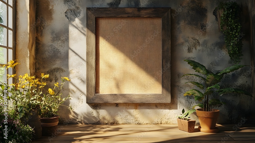 Poster a cozy and inviting vintage window frame with potted plants and warm sunlight streaming in creating 