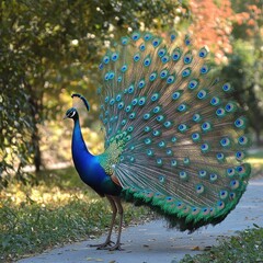 Obraz premium Majestic Peacock Displaying Vibrant Feathers in a Serene Nature Setting with Lush Greenery and Autumn Hues