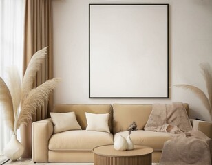 Frame mockup, ISO A paper size. Living room wall poster mockup. Interior mockup with house background. Modern interior design. 3D render