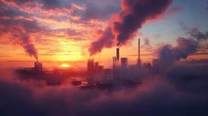 Fototapeta premium Industrial complex shrouded in fog, sunset sky.