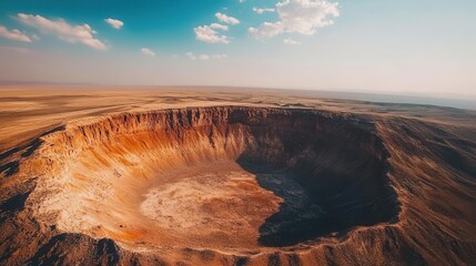 A vast desert landscape features a prominent large crater, showcasing the stark contrast between the arid terrain and the geological formation.