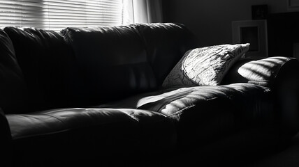 Black and White Shadowed Sofa by Window with Dramatic Light and Contrast