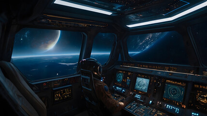 a futuristic spacecraft cockpit with a breathtaking view of a distant planet and a star-filled night sky. The interior features sleek.
