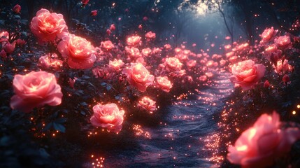A tranquil, misty forest scene featuring vibrant pink roses scattered across a dark,