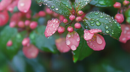 Dew-Covered Pink Flower Buds and Green Leaves in Vibrant Natural Light, Captured with a Soft Focus Background for a Tranquil Botanical Scene