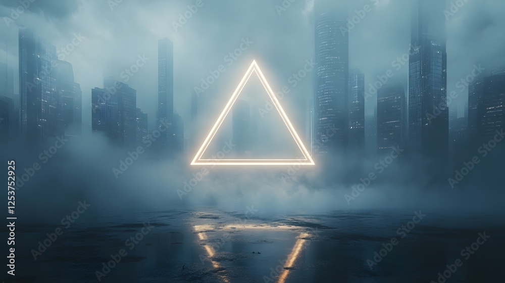 Poster A glowing triangular portal hovers over a futuristic city skyline casting an ethereal glow across the skyscrapers and buildings obscured in a hazy atmospheric fog  The sleek