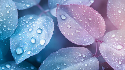 Macro Photography: Water Droplets on Delicate Pastel Leaves, Dreamy Soft Focus, Natural Light, Close-up, Depth of Field, Fine Details