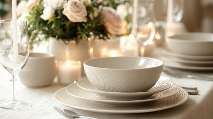 Elegant festive dining table set with glowing candles and fresh flowers for a special occasion. Generative AI