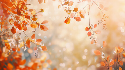 Golden Autumn Leaves with Soft Bokeh Light, Warm Fall Foliage, and Delicate White Flowers in a Dreamy Nature Scene