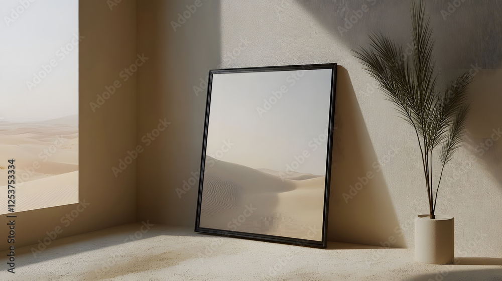 Aufkleber a peaceful and serene minimalist interior setting with a simple black frame leaning against the wall