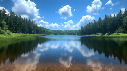 Fototapeta premium Serene Lake Reflection Under a Summer Sky