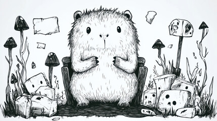 Brutal capybara, line drawing, A capybara sitting in a chair amidst piles, captured in high fidelity for stunning visual appeal.