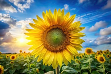 Obraz premium A majestic sunflower standing tall with its large yellow petals, field flowers, flower, outdoors, bloom