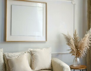 Frame mockup, ISO A paper size. Living room wall poster mockup. Interior mockup with house background. Modern interior design. 3D render