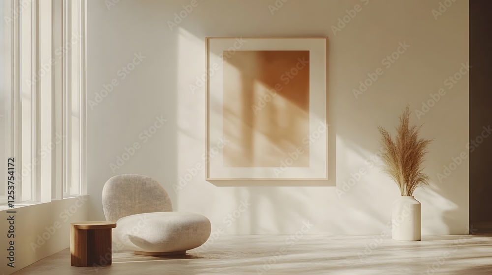 Aufkleber A serene and tranquil minimalist interior space with natural sunlight filtering through the window creating soft shadows and a calming ambiance  The room features simple