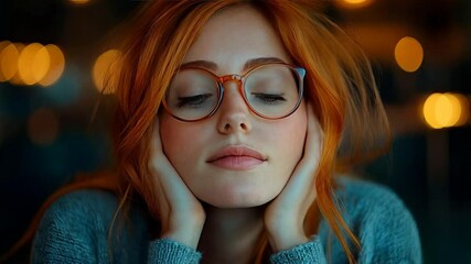 Pensive woman with glasses gazing thoughtfully in warm ambient light - Powered by Adobe