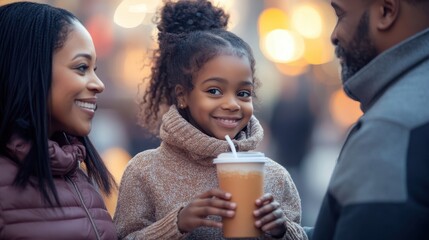 Young girl smiles while holding a warm drink, surrounded by her parents at a lively cafe