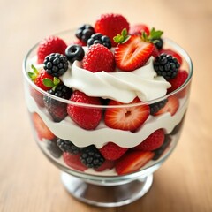 Fresh berries in layered dessert with whipped cream, glass bowl, layered