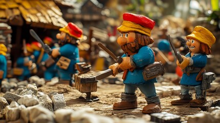 Colorful miniature figurines of miners wielding tools in a detailed scene.