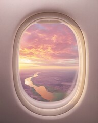 Breathtaking sunset view from airplane window over serene river landscape travel aerial perspective