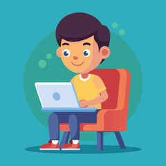 a boy is using his laptop vector